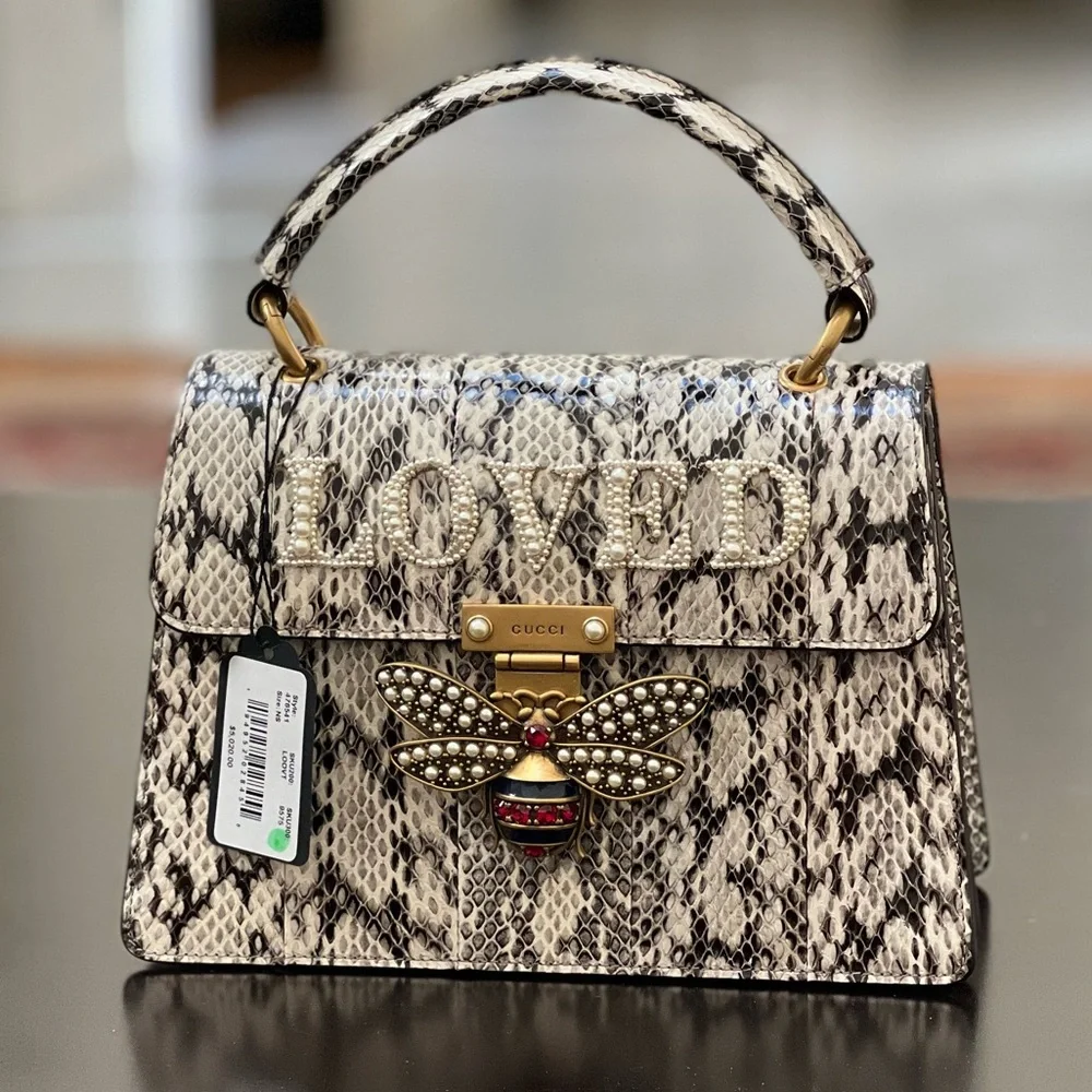 Gucci Black and White Snakeskin 'LOVED' Bee Top Handle Shoulder Bag